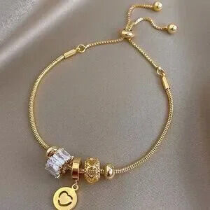 Gold Charm Bead Bracelet with Adjustable Slider | Heart & Crystal Accents 3/$30